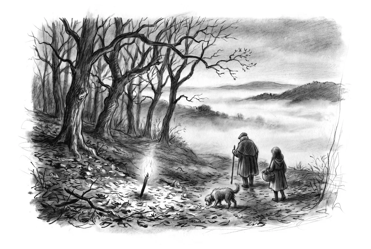 A Tuscan hillside before dawn, bare oaks, two figures and a dog, drawn in charcoal on cream paper