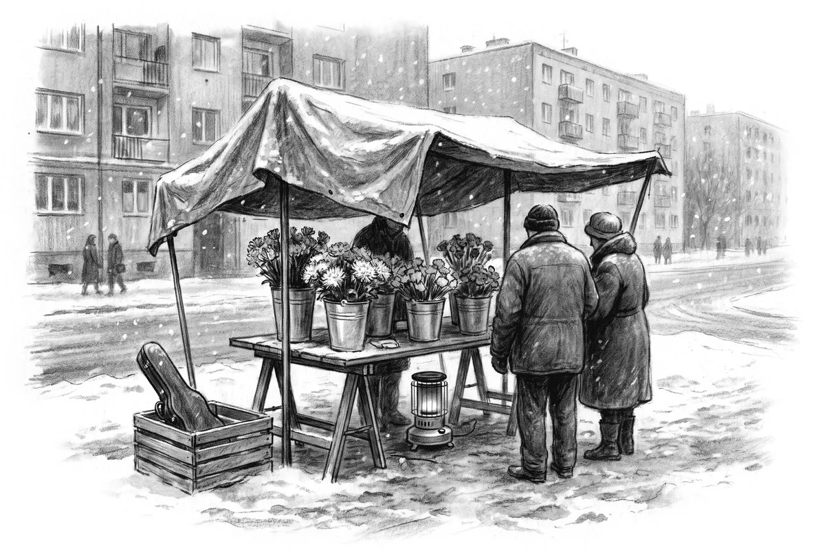 A flower stall under a tarpaulin in falling snow, drawn in charcoal on cream paper