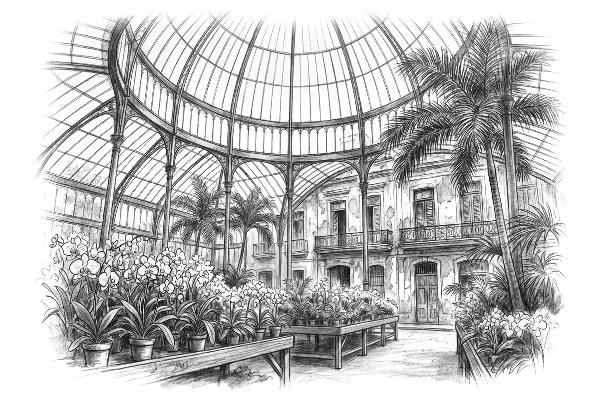 A domed iron glasshouse full of orchids and palms, drawn in charcoal on cream paper