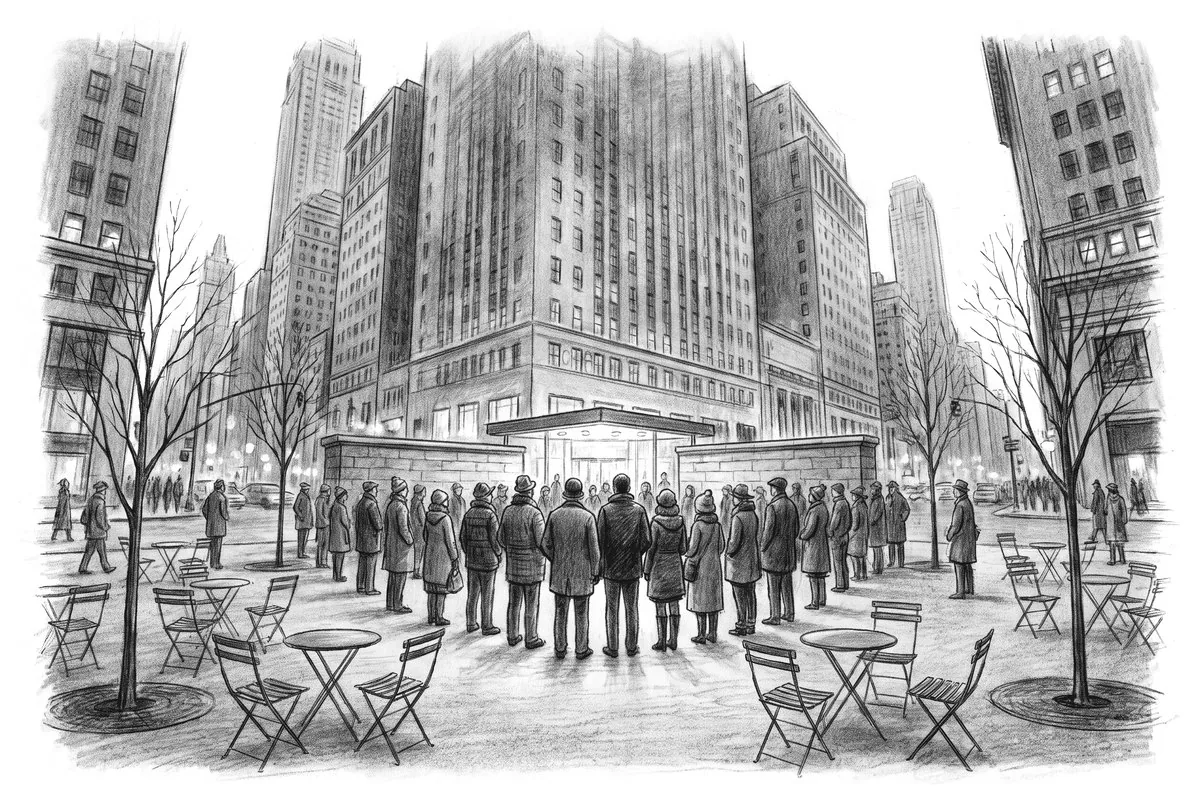 A crowd standing in a Manhattan plaza, drawn in charcoal on cream paper