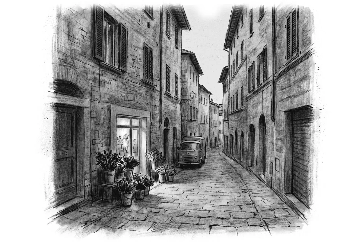 A narrow Tuscan street with one lit shopfront, drawn in charcoal on cream paper