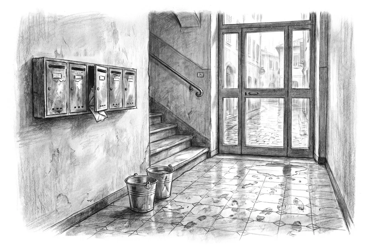 An entrance hall with letterboxes and a wet tiled floor, drawn in charcoal on cream paper